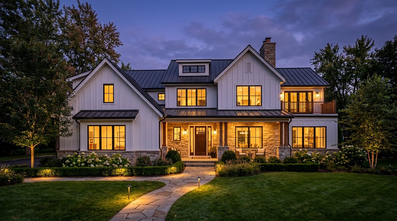 A home approach glowing with warm light at dusk